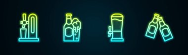 Set line Beer tap with glass, bottle and,  and . Glowing neon icon. Vector