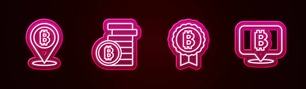 Set Line Bitcoin Glowing Neon Icon Vector — Stockvektor