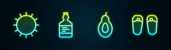 Set Line Sun Tequila Bottle Avocado Flip Flops Glowing Neon — Vetor de Stock