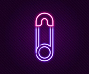 Parlayan neon hattı klasik kapalı çelik güvenlik iğnesi simgesi siyah arkaplanda izole edildi. Renkli taslak konsepti. Vektör.