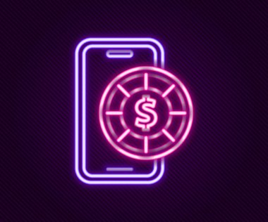 Parlayan neon hattı çevrimiçi poker masası simgesi siyah arkaplanda izole edildi. İnternetteki kumarhane. Renkli taslak konsepti. Vektör.