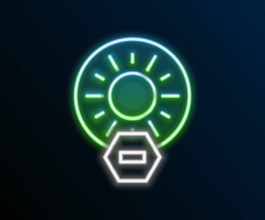 Parlayan neon hattı. Siyah arkaplanda direkt güneş ışığı simgesi yok. Renkli taslak konsepti. Vektör.