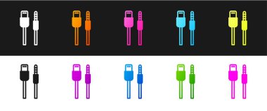 Siyah ve beyaz arkaplanda USB kablo ikonunu izole et. PC ve mobil cihazlar için bağlantı ve soketler. Vektör.