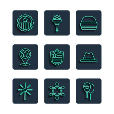 Set line Firework Hexagram sheriff Balloons Burger Shield with stars USA Independence day Medal and Man hat ribbon icon. Vector.