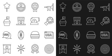 Set line American star shield USA on browser Independence day Medal with Patriotic top hat Cake Balloon and Cannon icon. Vector.