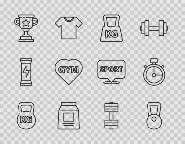 Set line Kettlebell Weight Sports nutrition Award cup Fitness gym heart Dumbbell and Stopwatch icon. Vector.