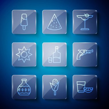 Set line Tequila bottle Corn glass with lemon Margarita cocktail and Sun Popsicle ice cream and Revolver gun icon. Vector.