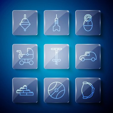 Set line Toy building block bricks Basketball ball Bow toy Tumbler doll Pogo stick jumping Baby stroller Whirligig and car icon. Vector.