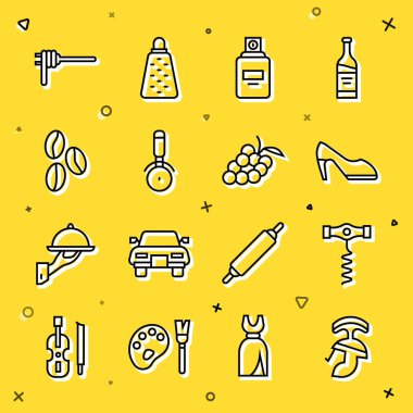 Set line Roman army helmet Wine corkscrew Woman shoe Perfume Pizza knife Coffee beans Pasta spaghetti and Grape fruit icon. Vector.