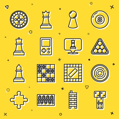 Set line Domino Checker game chips Billiard balls triangle Chip for board Tetris Chess Casino roulette wheel and icon. Vector.