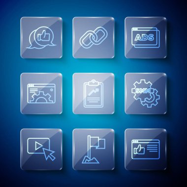 Set line Advertising Location marker Browser window Clipboard with graph chart setting Customer product rating and Social media marketing icon. Vector.