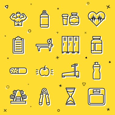 Set line Bathroom scales Fitness shaker Sports nutrition Bench with barbel training program Bodybuilder muscle and Locker changing icon. Vector.