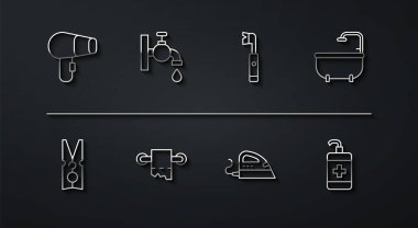 Set line Hair dryer Clothes pin Bathtub Electric iron Toilet paper roll Water tap Hand sanitizer bottle and toothbrush icon. Vector.