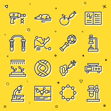 Set line Test tube flask on stand Electronic scales fire Genetically modified apple Prosthesis hand Transfer liquid gun and DNA research search icon. Vector.
