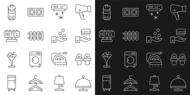Set line Covered with tray Hotel slippers Digital door lock Air conditioner Heating radiator Signboard text Trash can and Paying tips icon. Vector.