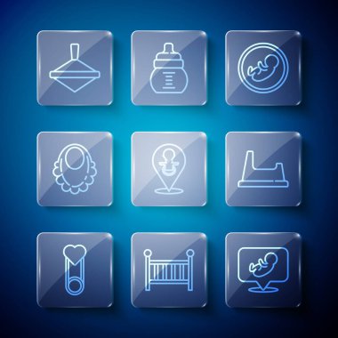 Set line Baby clothes pin crib cradle dummy pacifier bib Whirligig toy and potty icon. Vector.