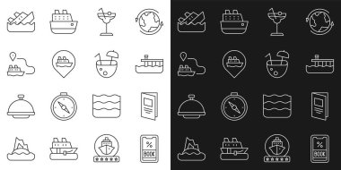 Set line Cruise ticket Brochure Beach pier dock Cocktail Location with cruise ship Ship line path Sinking and Coconut cocktail icon. Vector.