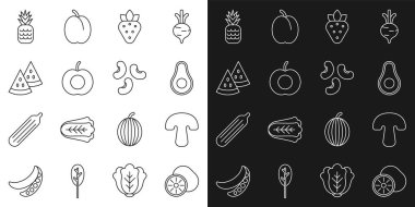 Set line Kiwi fruit Mushroom Avocado Strawberry Peach Watermelon Pineapple and Beans icon. Vector.