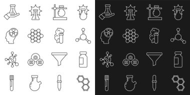 Set line Chemical formula Test tube and flask Molecule on stand Head radiation symbol and explosion icon. Vector.
