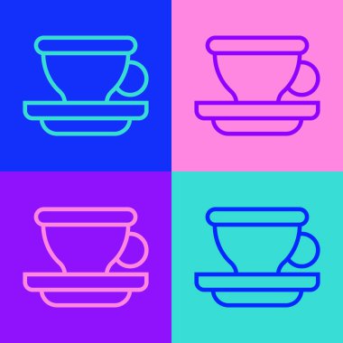 Pop Art Line Kahve fincanı ikonu renkli arka planda izole edilmiş. Çay fincanı. Sıcak içecek kahvesi. Vektör.