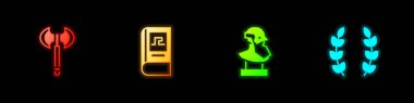 Set Medieval axe, Greek history book, Ancient bust sculpture and Laurel wreath icon. Vector.