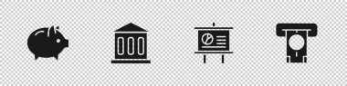 Set Piggy bank, Bank building, Chalkboard with diagram and ATM and money icon. Vector.