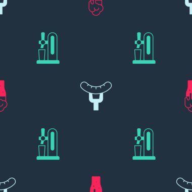 Set Glass of beer, Sausage on the fork and Beer tap with glass on seamless pattern. Vector.