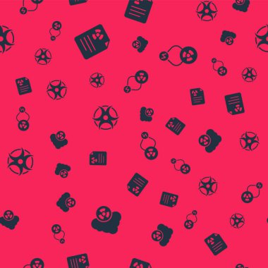 Set Acid rain and radioactive cloud, Radiation warning document, Biohazard symbol and Radioactive exchange energy on seamless pattern. Vector.