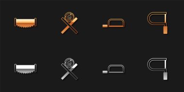 Set Two-handed saw Wooden logs on stand Hacksaw and icon. Vector.