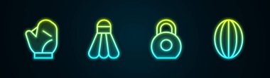 Set line Baseball glove, Badminton shuttlecock, Kettlebell and Rugby. Glowing neon icon. Vector.