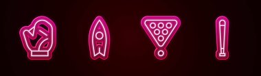 Set line Baseball glove, Surfboard, Billiard balls in rack triangle and bat. Glowing neon icon. Vector.
