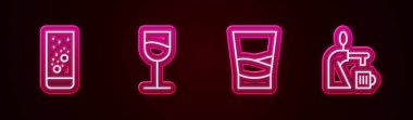 Set line Effervescent tablets in water, Wine glass, Glass of vodka and Beer tap with. Glowing neon icon. Vector.