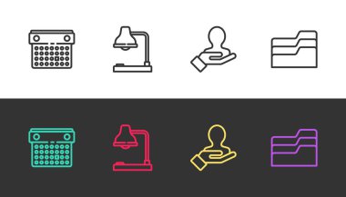 Set line Calendar, Table lamp, Hand for search people and Document folder on black and white. Vector.