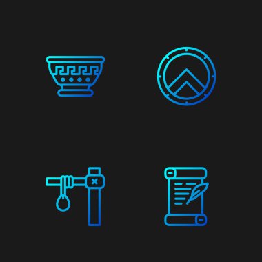 Hüküm, parşömen, parşömen, darağacı, antik Yunan kâsesi ve kalkanı. Renk simgeleri. Vektör.