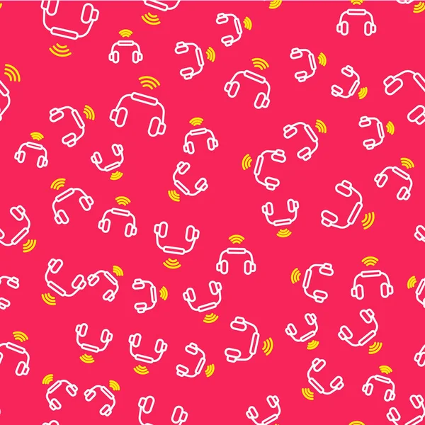 Line Smart headphones system icon isolated seamless pattern on red background. Internet of things concept with wireless connection. Vector.