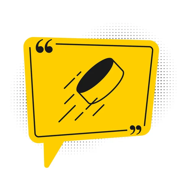 Black Hockey Puck Icon Isolated White Background Yellow Speech Bubble — Stok Vektör