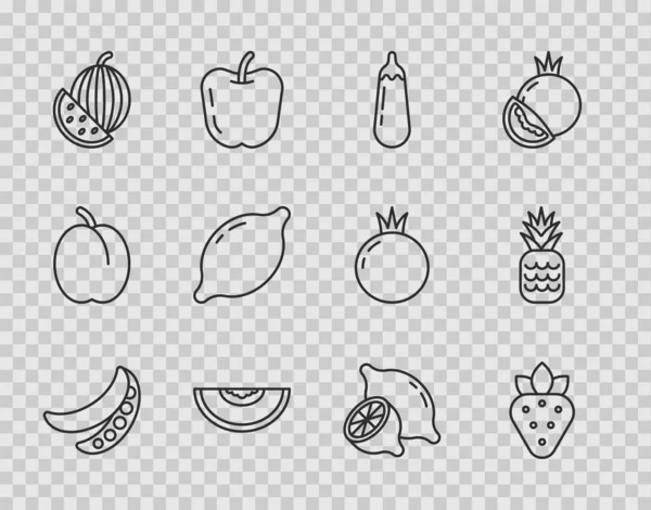 Set Line Green Peas Strawberry Eggplant Melon Fruit Watermelon Lemon — Wektor stockowy