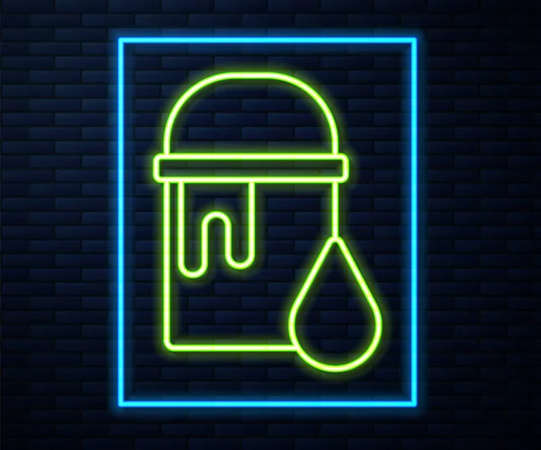 Glowing Neon Line Paint Bucket Icon Isolated Brick Wall Background — Stock Vector