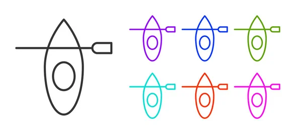 黑线独木舟和划桨图标孤立在白色背景 用于捕鱼和旅游的独木舟和独木舟 户外活动 设置彩色图标 — 图库矢量图片