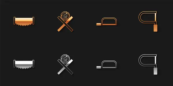 Set Two Handed Saw Wooden Logs Stand Hacksaw Icon Vector — стоковый вектор