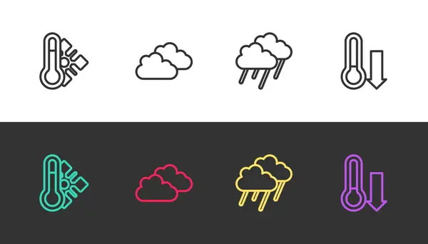 Set Line Meteorology Thermometer Cloud Rain Black White Vector — Stock Vector