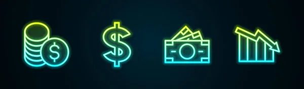 设置行硬币货币与美元 美元符号 堆栈纸币和金融增长下降 发光的霓虹灯图标 — 图库矢量图片