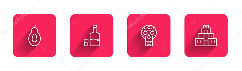 Set line Avocado, Tequila bottle and glass, Mexican skull and Chichen Itza in Mayan with long shadow. Red square button. Vector. — Stock Illustration Set Line Avocado Tequila Bottle Glass Mexican Skull Chichen Itza Stock Vector
