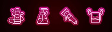 Şampuan şişesi, krem kozmetik tüp, elektrikli saç makası ve havluyu askıya al. Parlayan neon ikonu. Vektör.