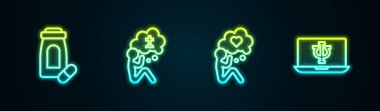 Yatıştırıcı haplar, cenaze kederi, kafası kalp ve psikologla çevrimiçi. Parlayan neon ikonu. Vektör.