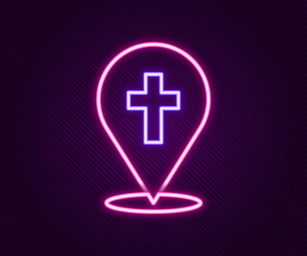 发光的霓虹灯线地图别针教堂建筑图标孤立在黑色背景 基督教会教会的宗教 五彩缤纷的概念 — 图库矢量图片