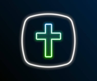 Parlayan neon hattı Hıristiyan çapraz simgesi siyah arka planda izole edildi. Kilise haçı. Renkli taslak konsepti. Vektör.