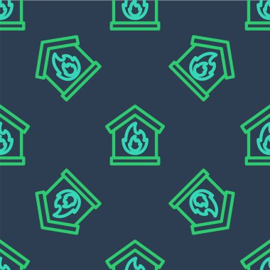 Yanan ev simgesindeki çizgi yangını mavi arka planda izole edilmiş pürüzsüz desen. Vektör.