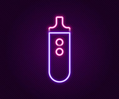 Parlayan neon hattı Elektronik sigara ikonu siyah arkaplanda izole edildi. Tüttürme aleti. Buharlaştırıcı Cihaz. Renkli taslak konsepti. Vektör.