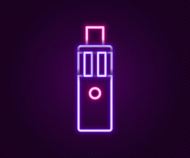Parlayan neon hattı Vape mod aygıt simgesi siyah arkaplanda izole edildi. Tüttürme aleti. Buharlaştırıcı Cihaz. Renkli taslak konsepti. Vektör.